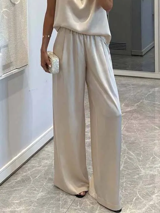 Elegant Halter Neck Swing Collar Top And Wide Leg Pants Suit-Pants