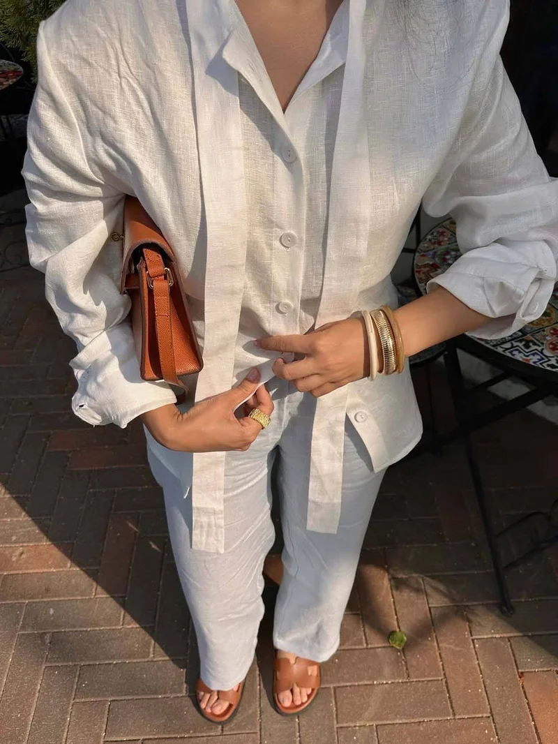 Minimalist Stand-up Collar Ribbon Back Lace-up Shirt and Wide Leg Pants Set-Pants