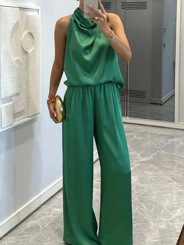 Elegant Halter Neck Swing Collar Top And Wide Leg Pants Suit-Top