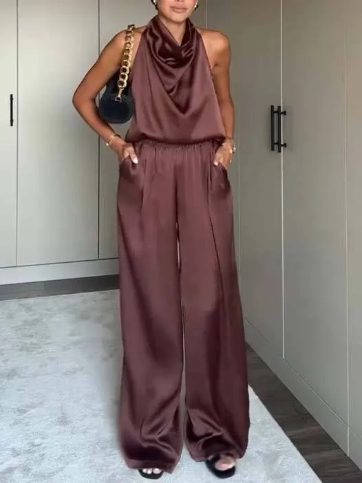 Elegant Halter Neck Swing Collar Top And Wide Leg Pants Suit-Top