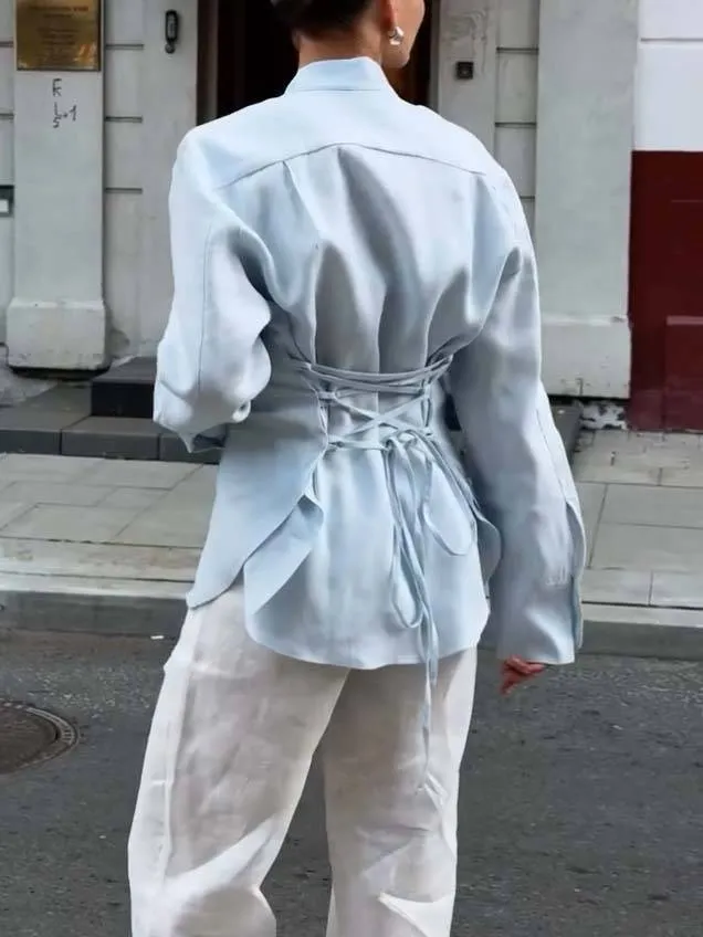 Minimalist Stand-up Collar Ribbon Back Lace-up Shirt and Wide Leg Pants Set-Shirt