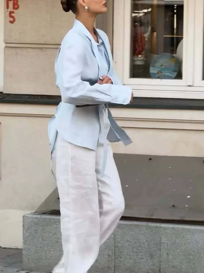 Minimalist Stand-up Collar Ribbon Back Lace-up Shirt and Wide Leg Pants Set-Shirt