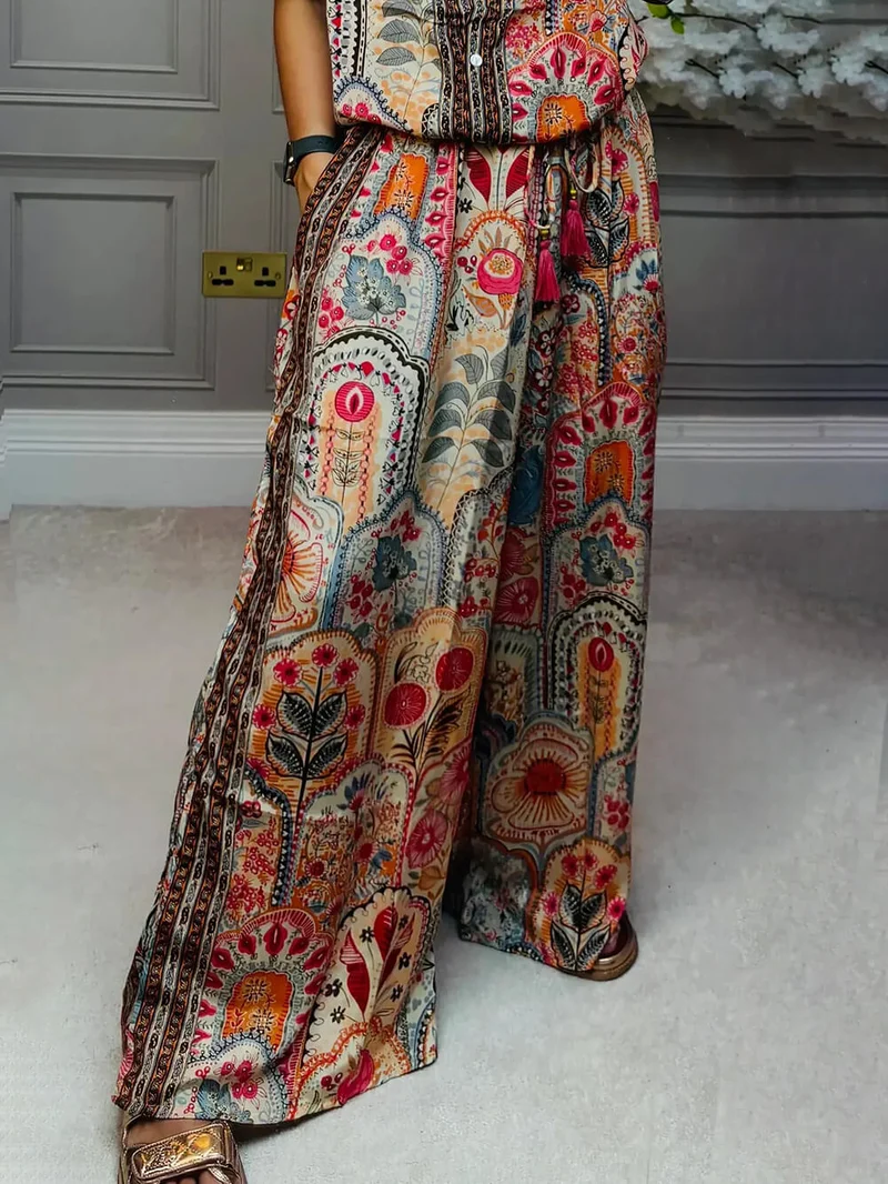 Boho Printed Fringe-Accented Loose Blouse