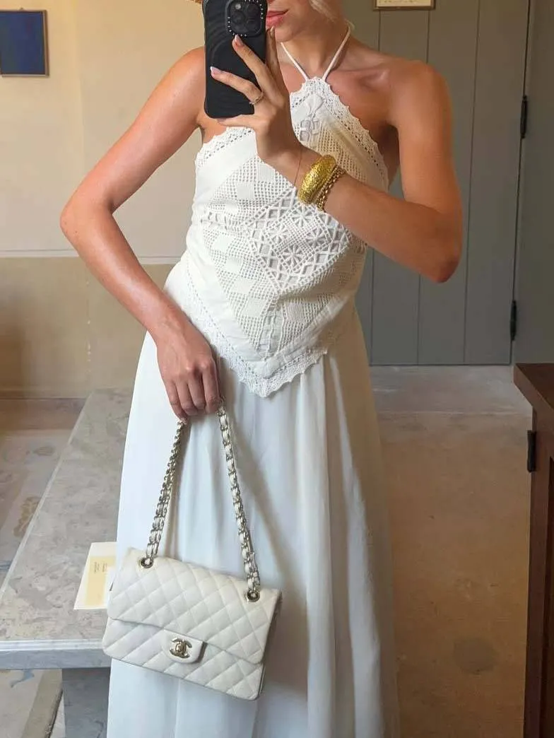 Halter Neck Backless Lace Top And Skirt Set-Top