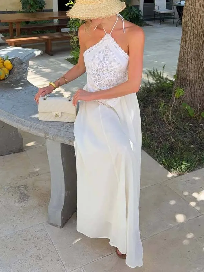Halter Neck Backless Lace Top And Skirt Set-Top