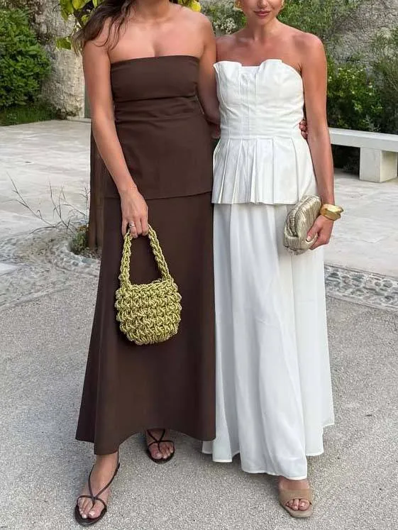 Minimalist Pleated Tube Top And Skirt Set-Top