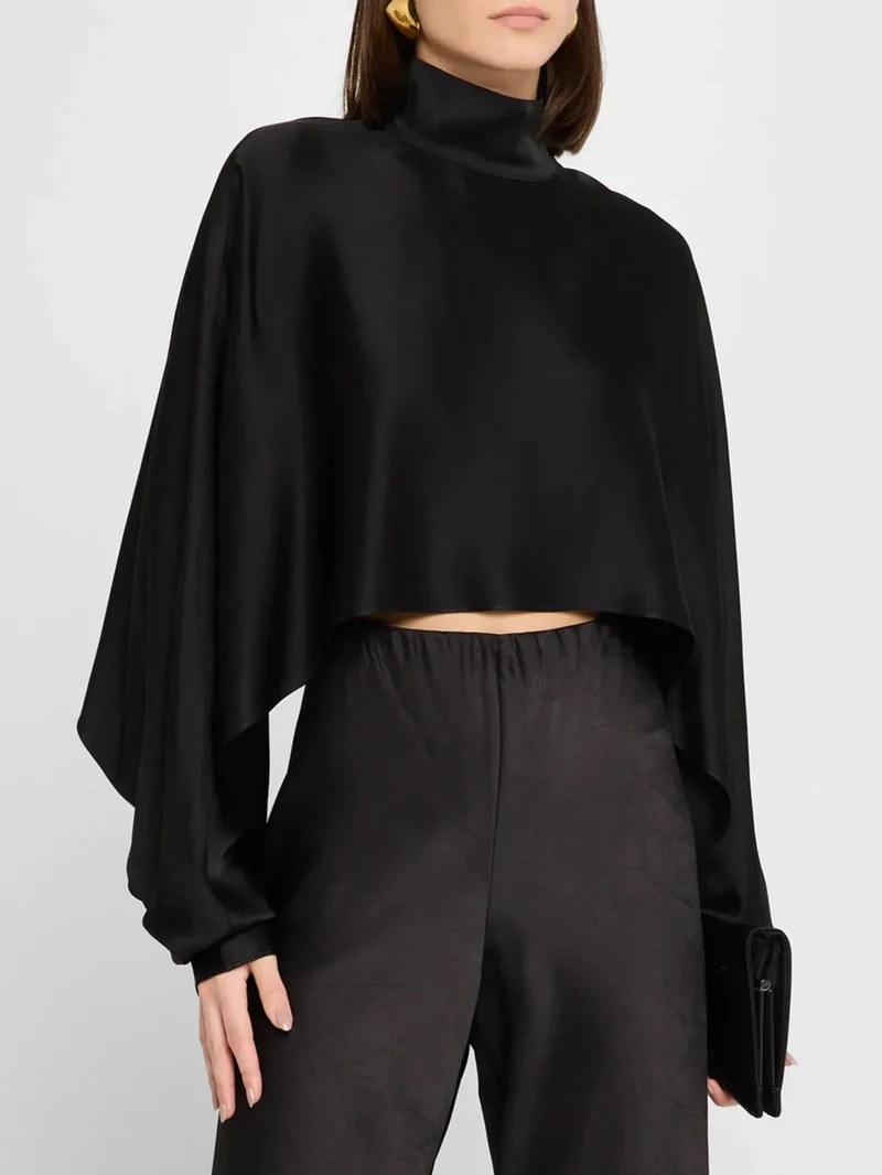 Elegant Satin Cropped Long-sleeved Shirt