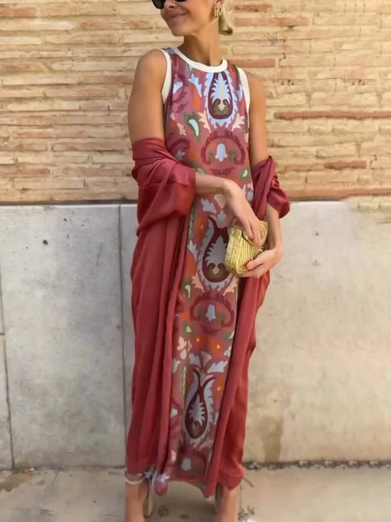 Elegant Printed Round Neck Tank Dress with Cape Two-Piece Set