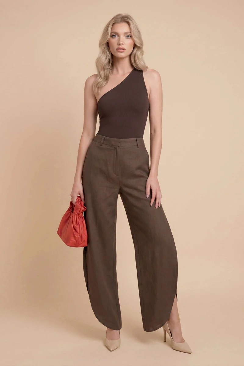 Oblique Collar Off-shoulder Bodysuits And Side Slits Wide Leg Pants Suit