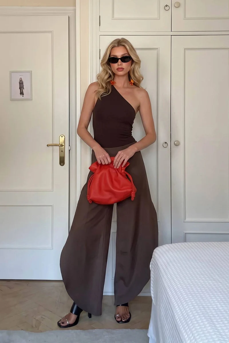 Oblique Collar Off-shoulder bodysuits And Side Slits Wide Leg Pants Suit- Pants