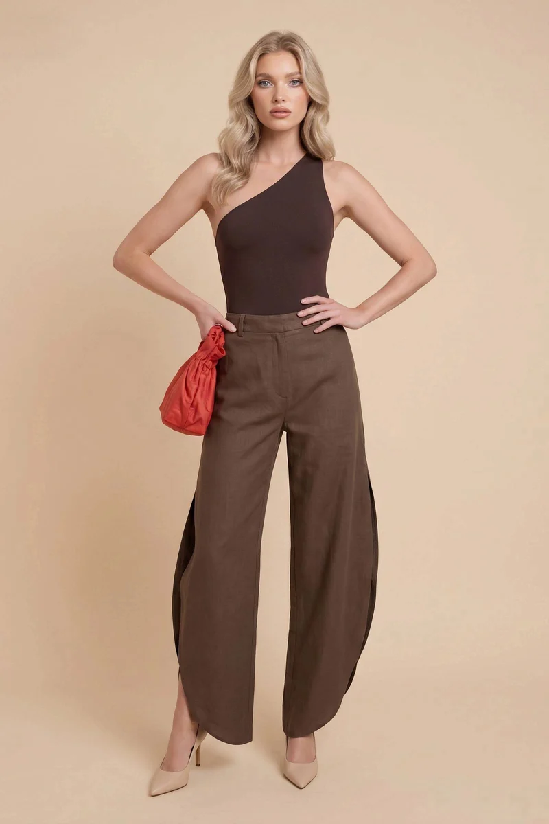 Oblique Collar Off-shoulder bodysuits And Side Slits Wide Leg Pants Suit- Pants
