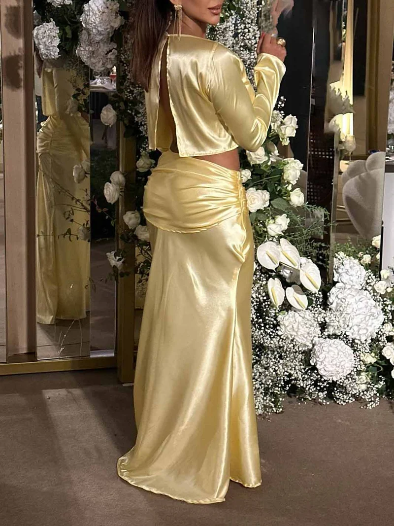 Elegant Satin Back Slit Sexy Short Sleeve Shirt