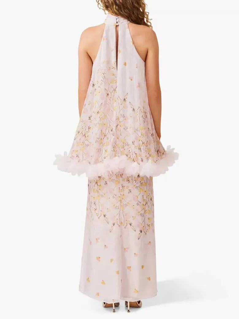 Elegant Floral Print Halterneck Cape Chiffon Top