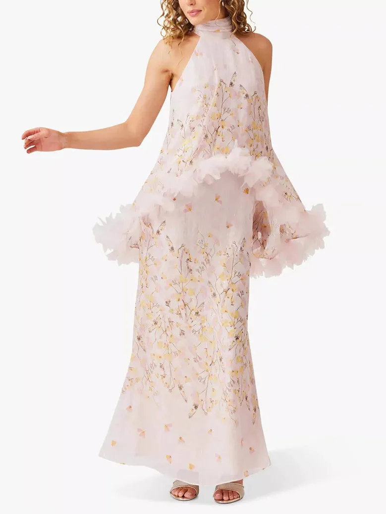 Elegant Floral Print Halterneck Cape Chiffon Top