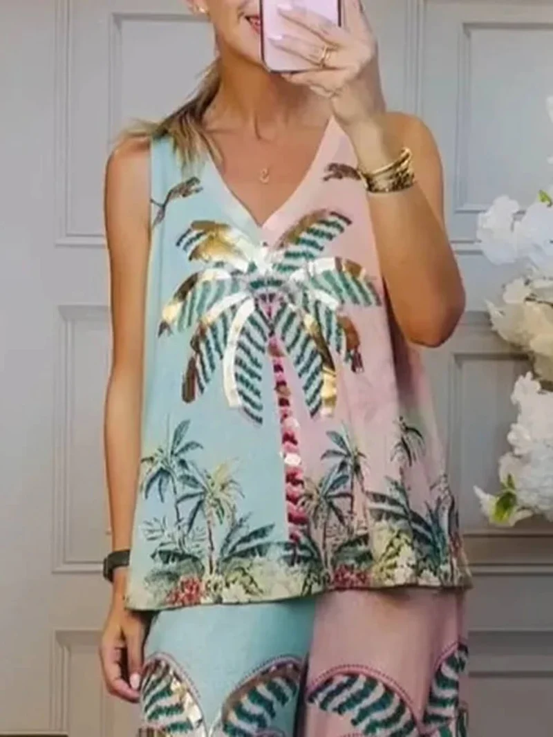 Unique Palm Tree Print Elastic Waist Loose Wide-Leg Pants