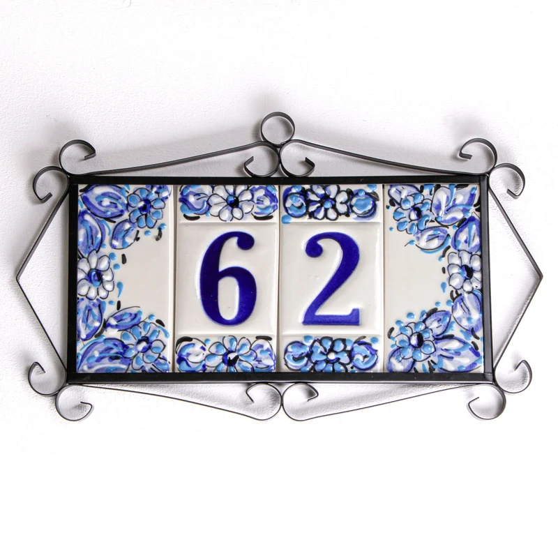 Numéro de Maison en Céramique Fleurs Bleues