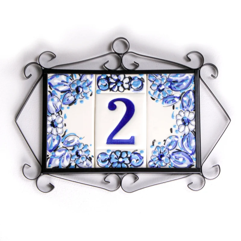 Numéro de Maison en Céramique Fleurs Bleues
