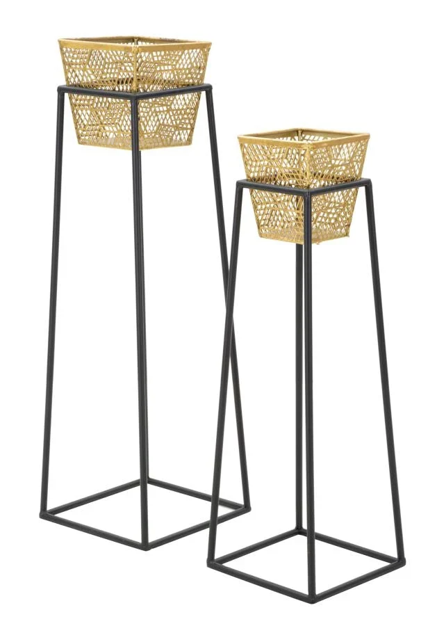 Paire de supports de vase carrés en métal doré avec support noir