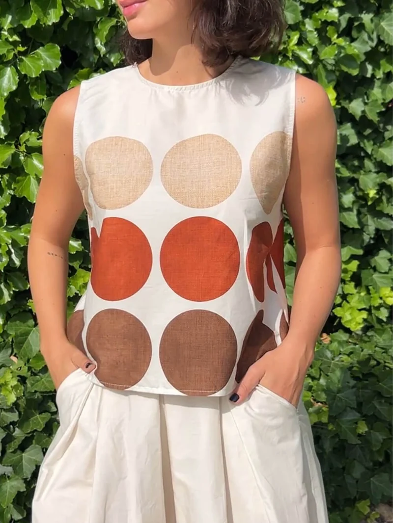 Retro Unique Circular Print Sleeveless Linen Tank Top