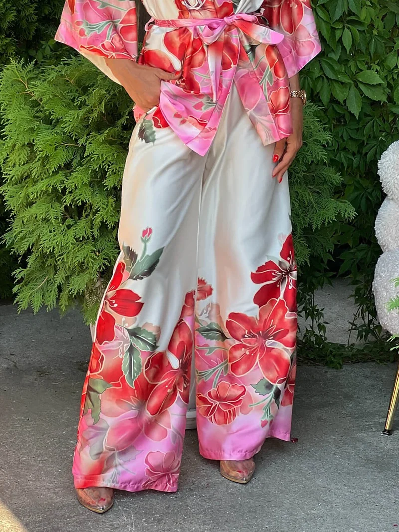 Delicate Floral Print High-Waist Pocket Satin Wide-Leg Pants