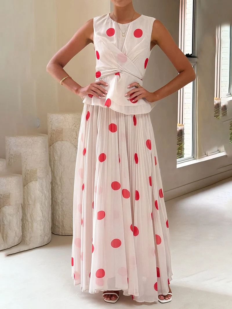 Delicate Red Polka Dot Print Ruffled Cross-Over Top