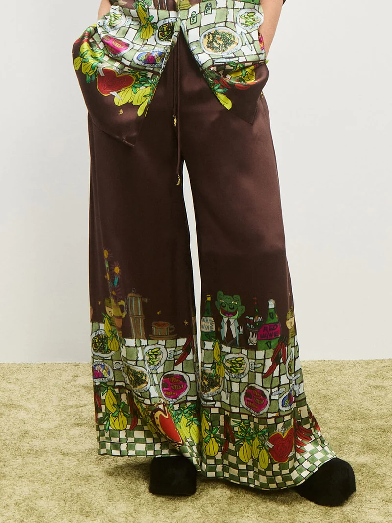 Unique Floral Print Elastic Waist Wide-Leg Pants
