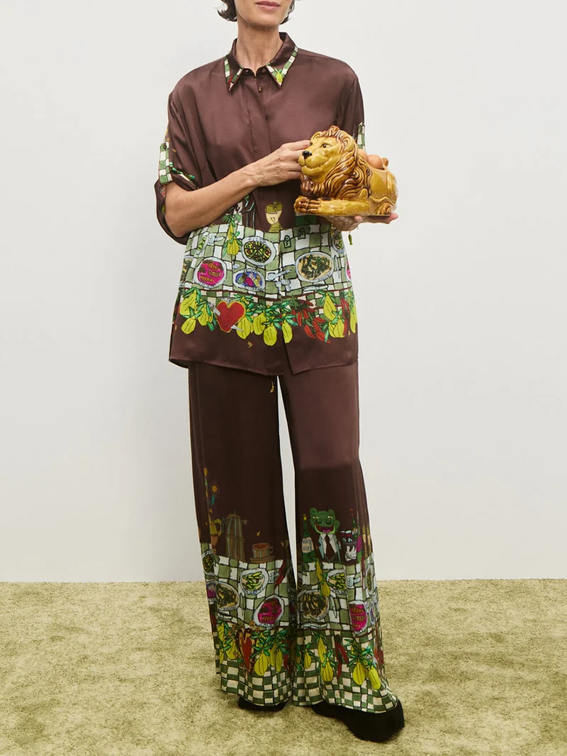 Unique Floral Print Elastic Waist Wide-Leg Pants