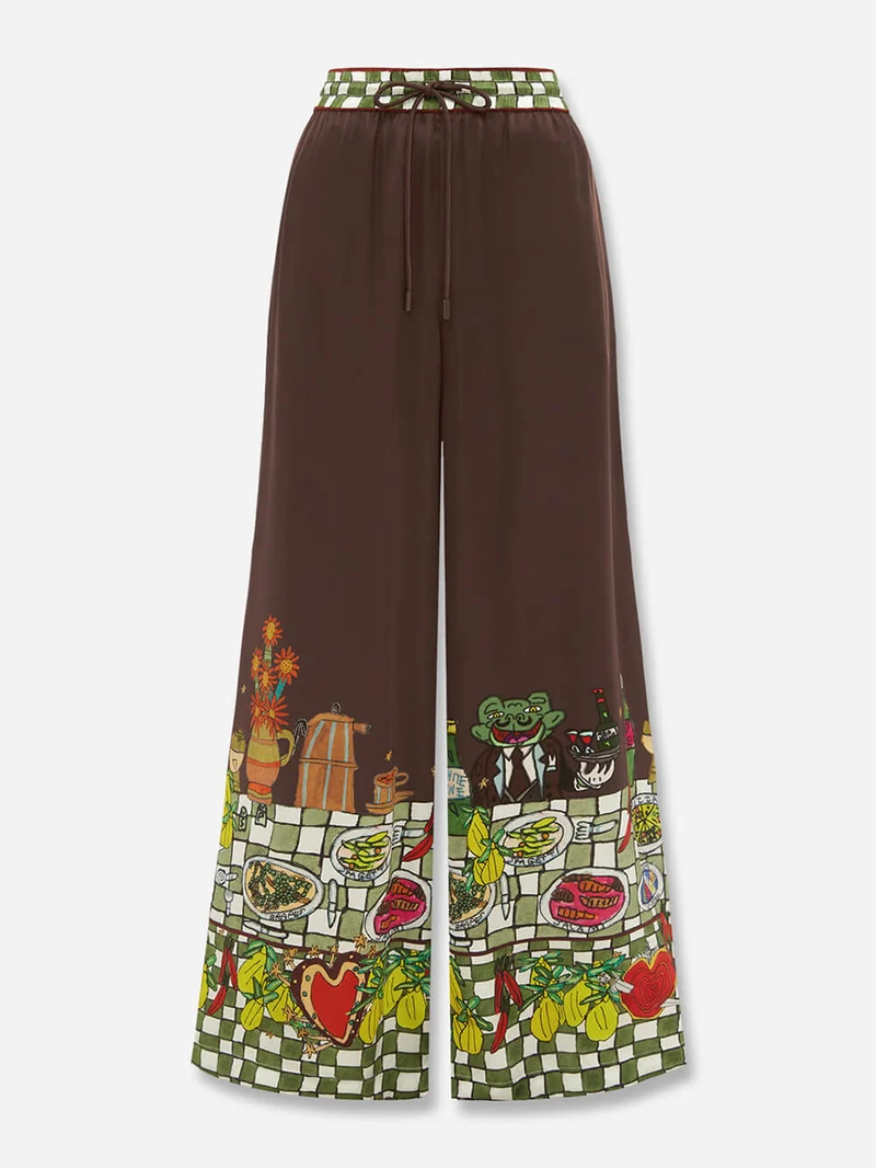 Unique Floral Print Elastic Waist Wide-Leg Pants