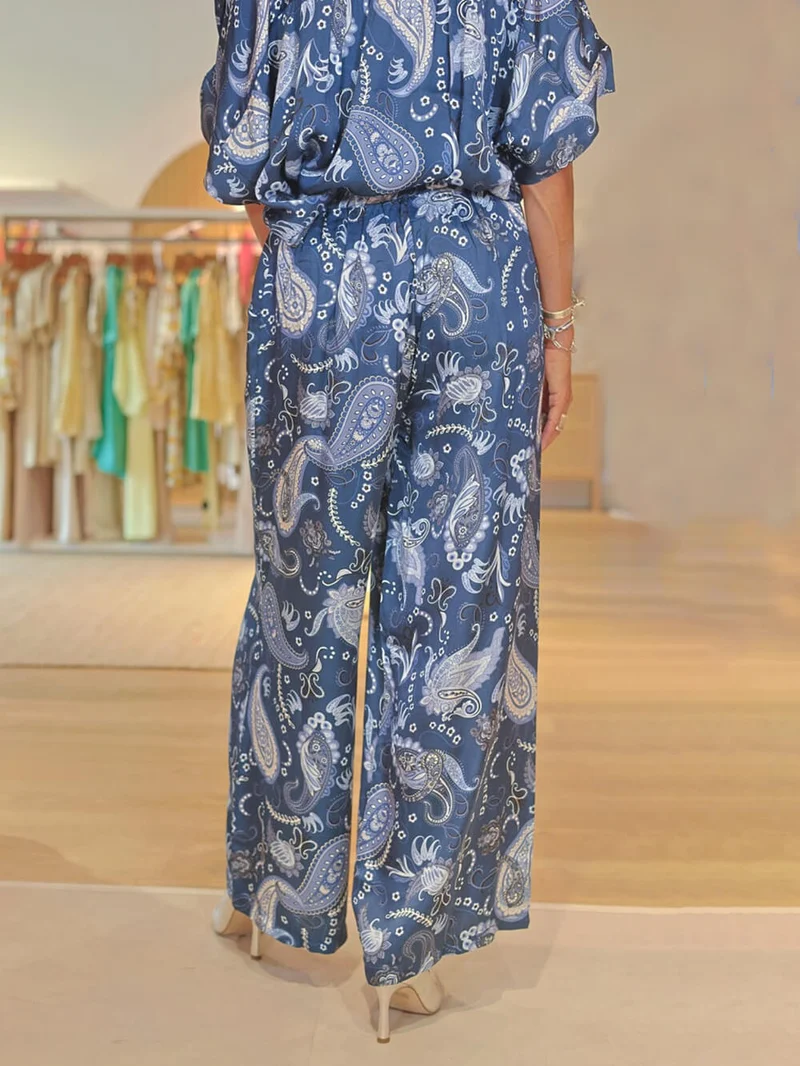 Bohemian Ocean Print Elastic Waist Wide-Leg Pants