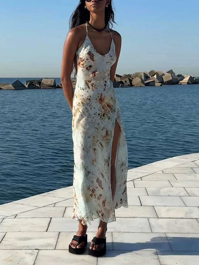 Sexy Abstract Floral Print V-Neck Slit Maxi Dress