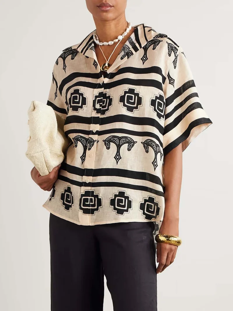 Exquisite Striped Geometric Print Short-Sleeved Shirt