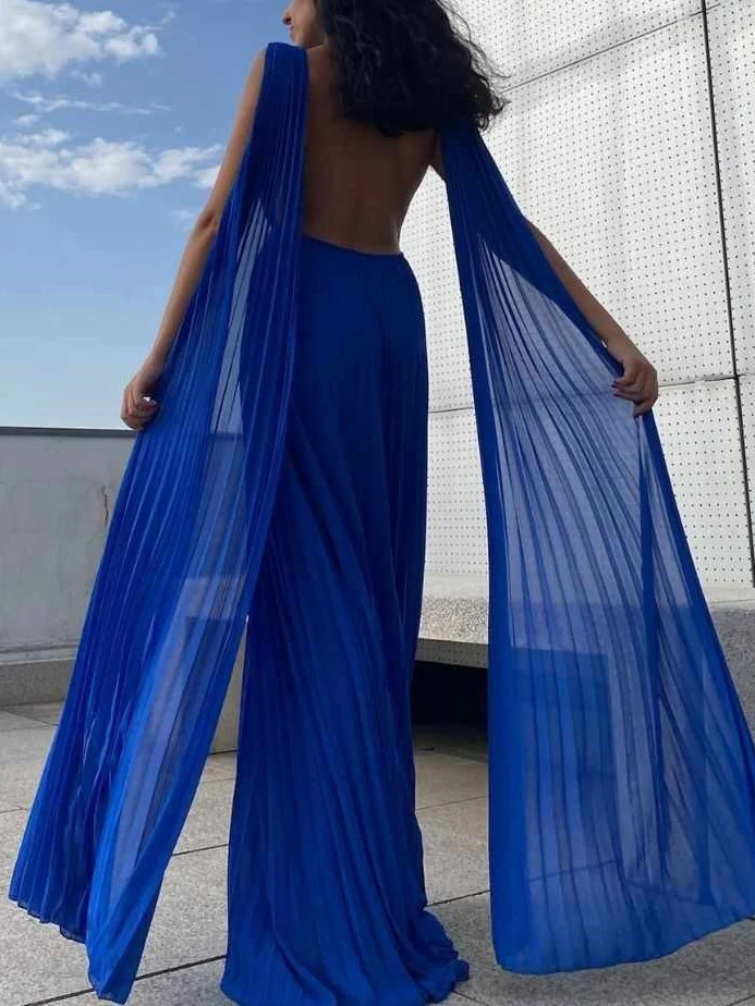 Elegant Open Back Ribbon Pleated Party Maxi Dress
