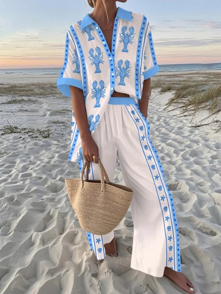 Casual Holiday Lobster Print Short-sleeved Trousers Two-piece Suit