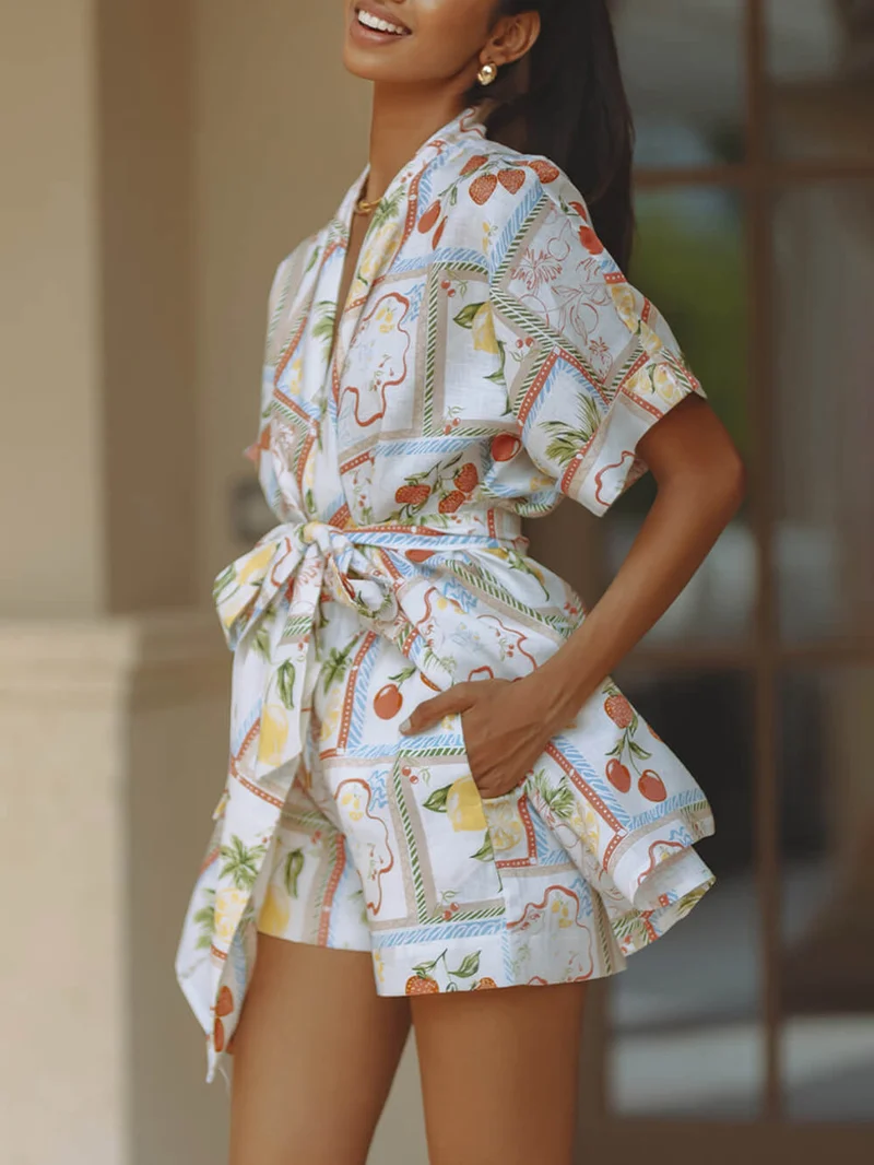 Unique Linen Floral Print Short Loose Top With Tie Pocket Shorts Set