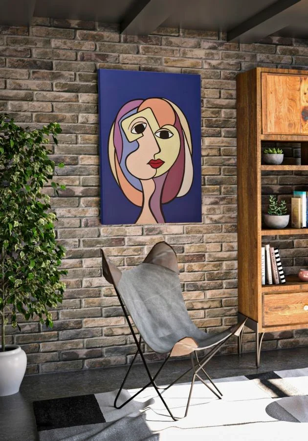 Peinture sur toile abstraite et colorée avec visage Boho