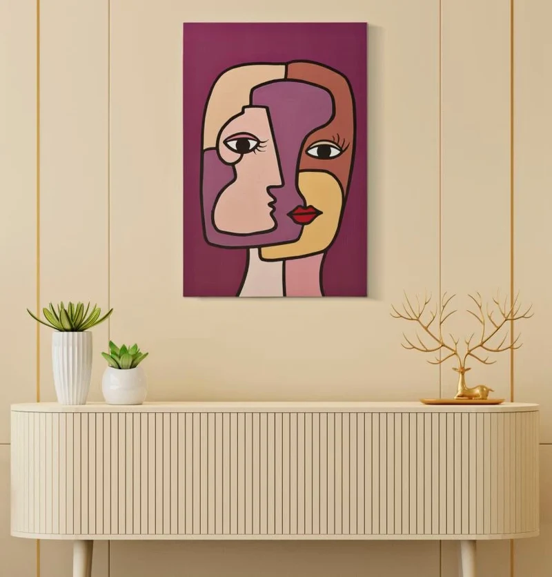 Peinture sur toile abstraite et colorée avec visage Boho