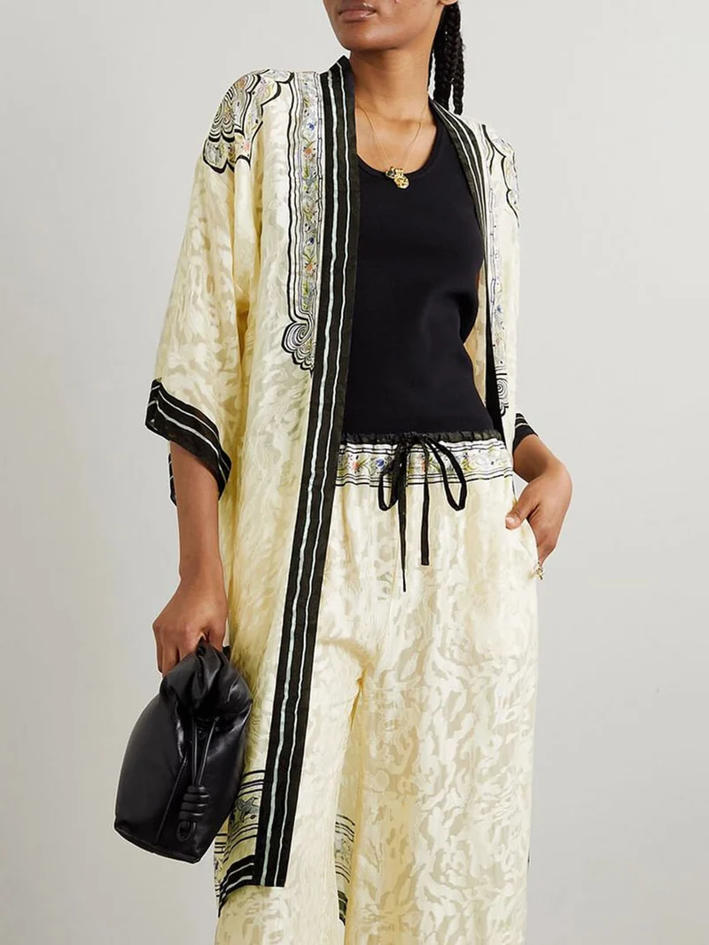 Unique Print Satin Lace-Up Ealastic Waist Wide-Leg Pants