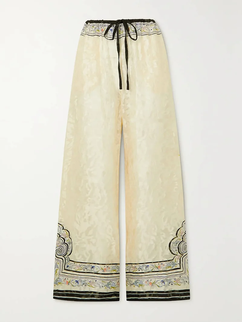 Unique Print Satin Lace-Up Ealastic Waist Wide-Leg Pants