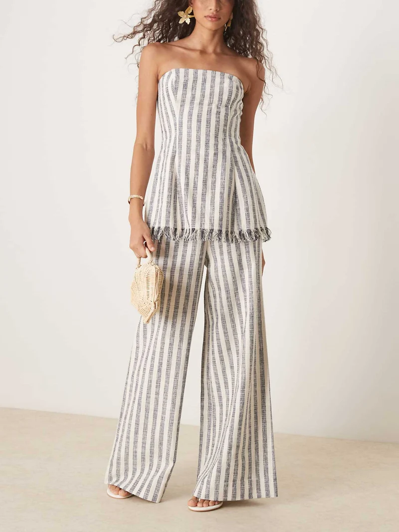 Casual Contrast Color Vertical Stripe High-Waist Wide-Leg Pants