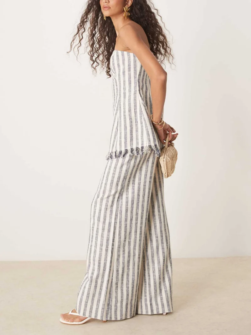 Casual Contrast Color Vertical Stripe High-Waist Wide-Leg Pants