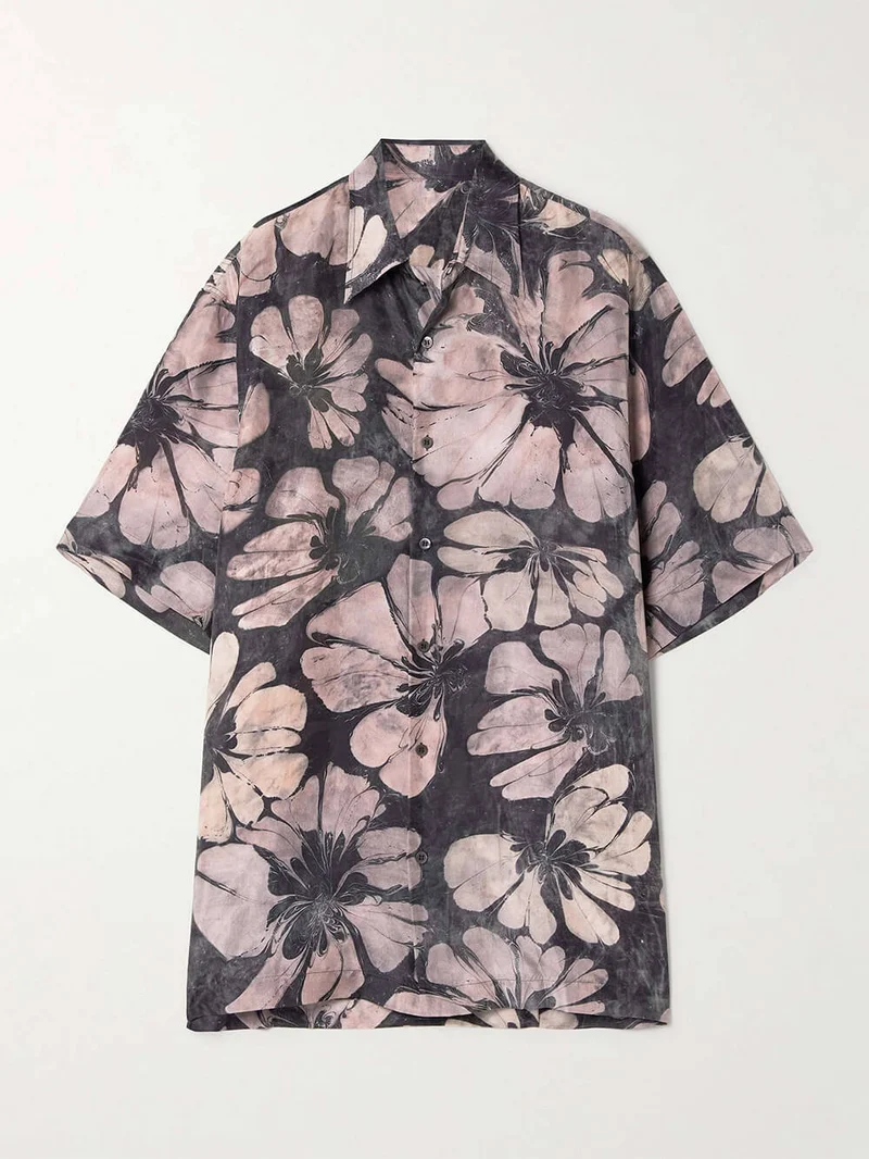Unique Floral Print Satin Button-Down Loose-Fitting Shirt