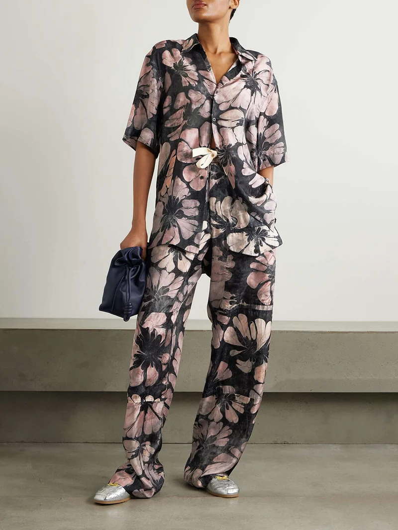 Unique Floral Print Satin High Waist Elastic Waist Tie Pocket Straight Pants