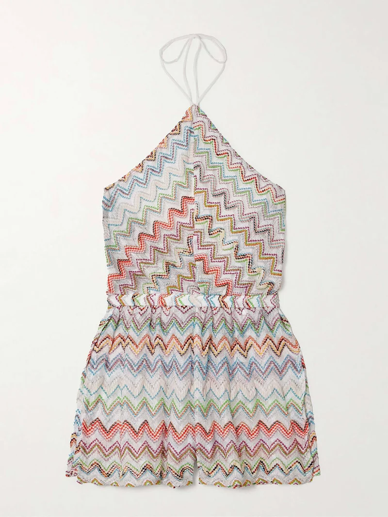 Unique Metallic Crochet Halter Jumpsuit