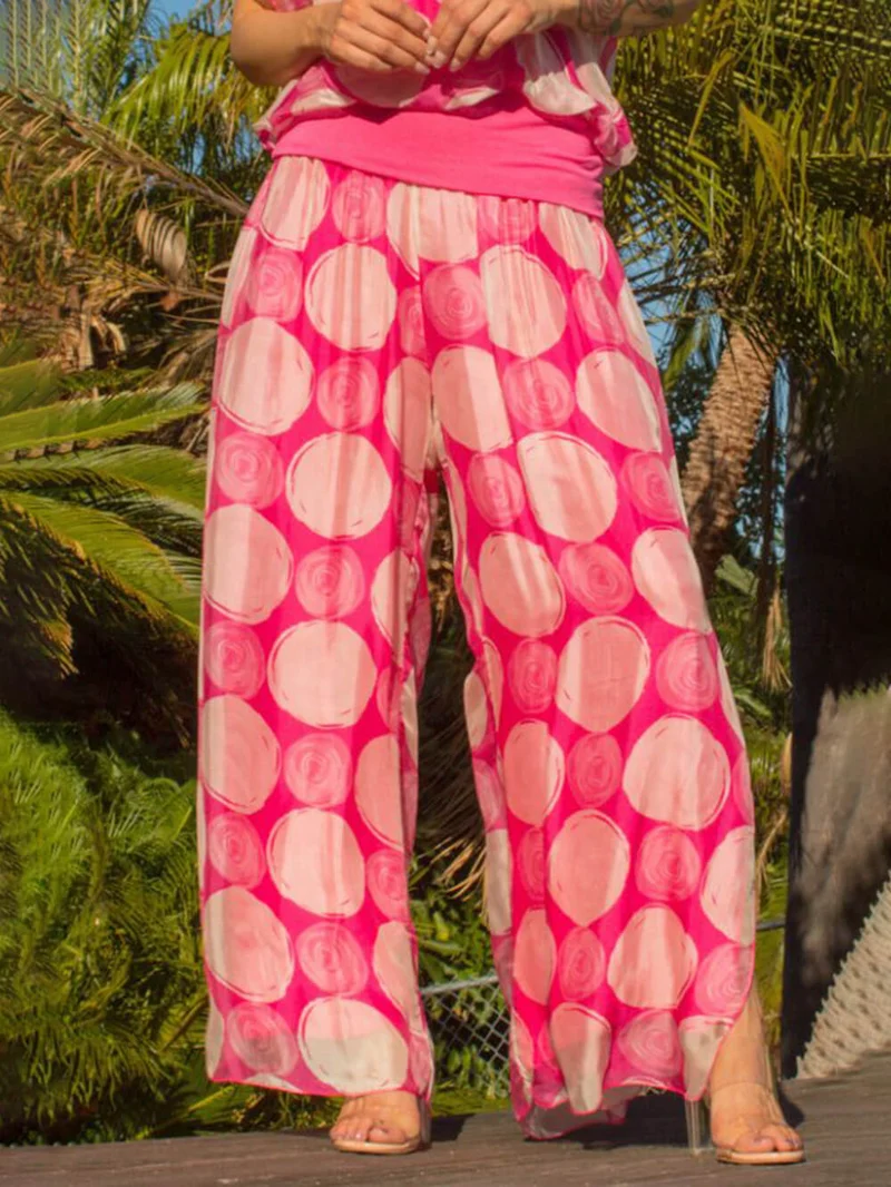 Bohemian Swirl Dot Print Elastic Waistband and Hem Side Slits Slits Pants