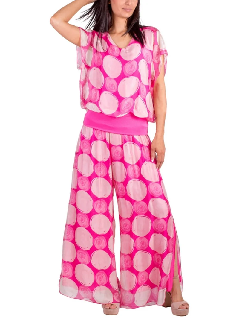 Bohemian Swirl Dot Print Elastic Waistband and Hem Side Slits Slits Pants