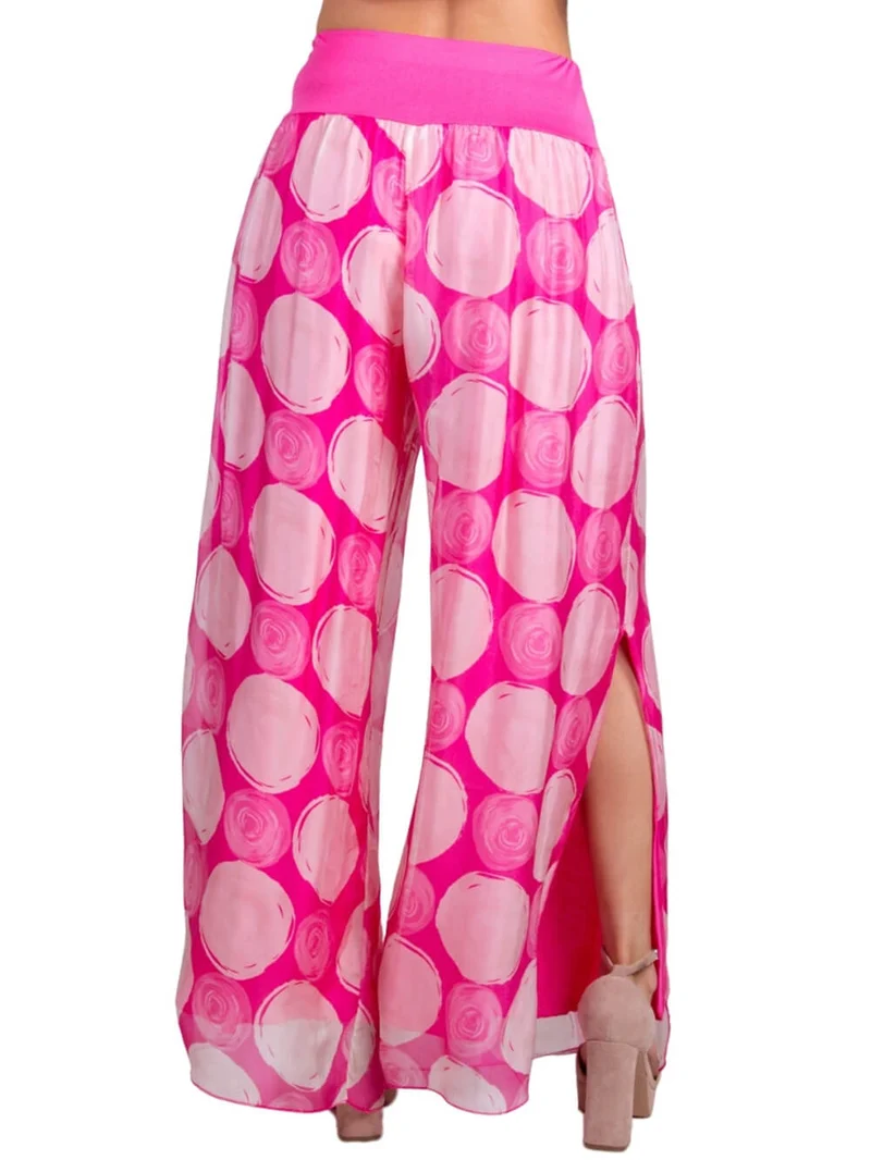 Bohemian Swirl Dot Print Elastic Waistband and Hem Side Slits Slits Pants