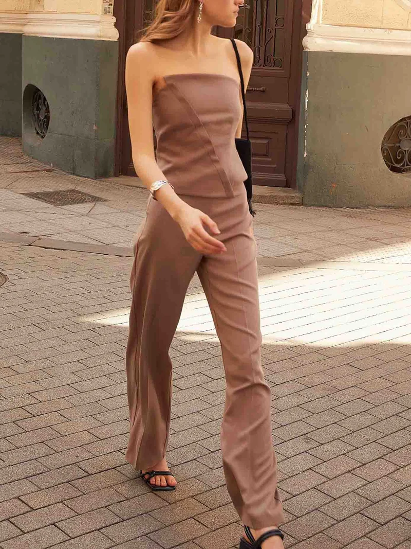 Elegant Strapless Top And Wide-Leg Pants Two-Piece Set
