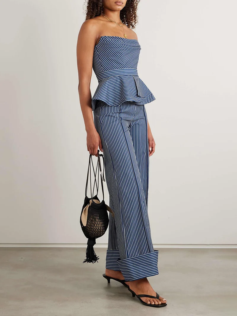 Retro Off-Shoulder Striped Print Stretch Twill Ruffle Tank Top