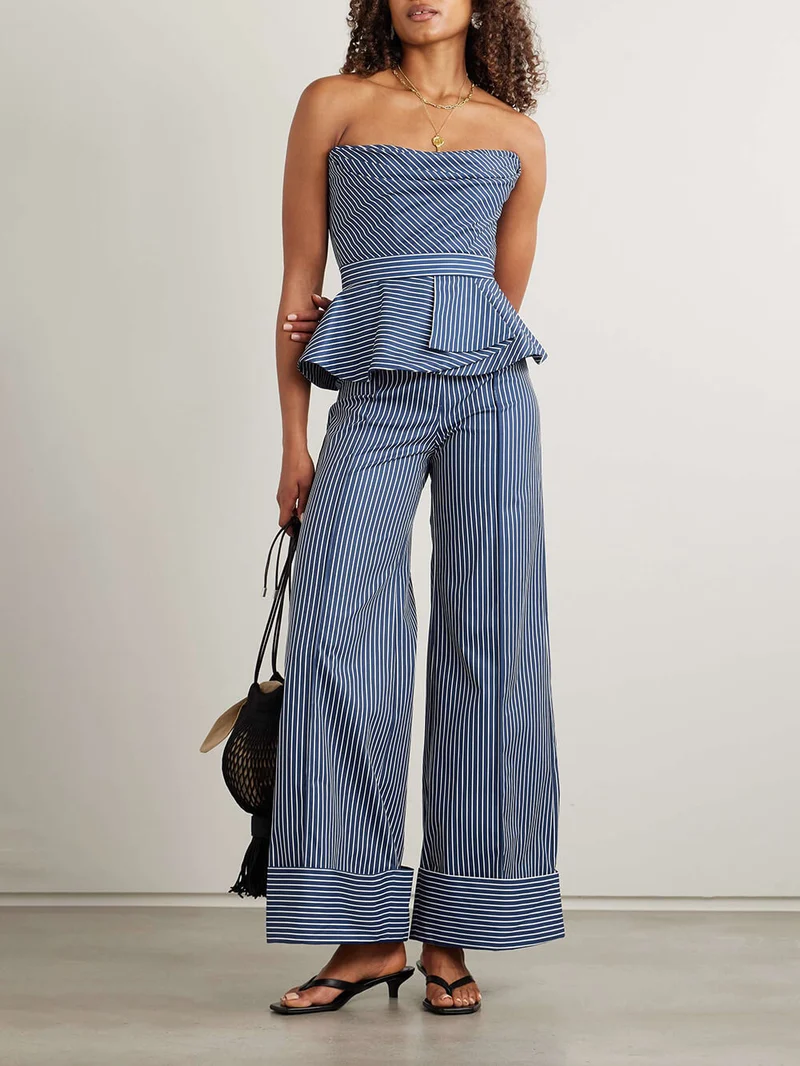 Retro Off-Shoulder Striped Print Stretch Twill Ruffle Tank Top
