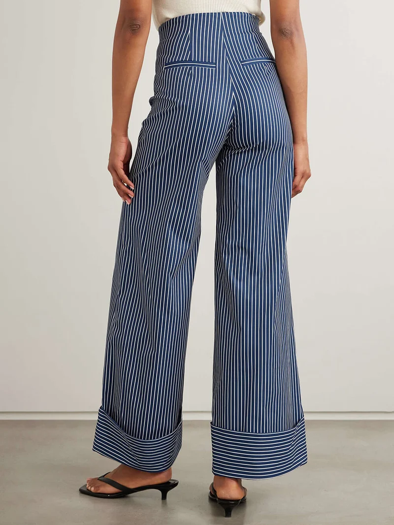 Retro Striped Print Stretch Twill Wide-Leg Pants